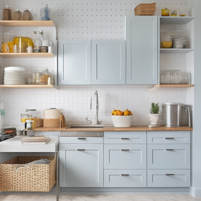 A bright, modern kitchen with sleek cabinets, a utensil organizer on the counter, a pegboard on the wall, and a pull-out trash can, all tidily organized and clutter-free.