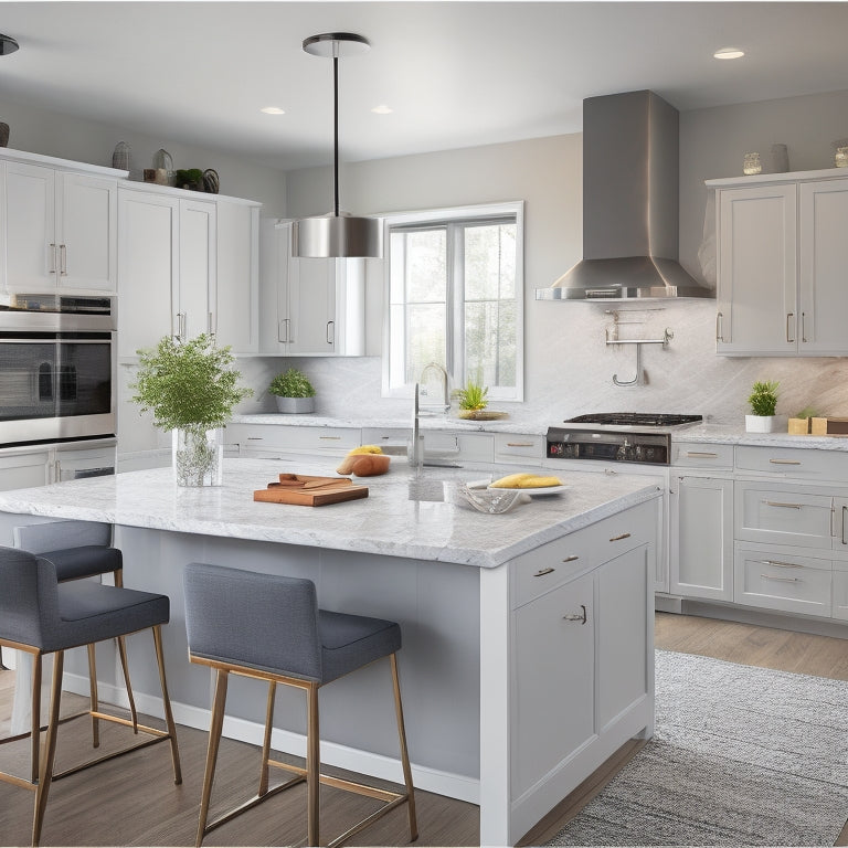 A modern kitchen with sleek, gray countertops and white cabinets, surrounded by design elements on screens: a laptop, tablet, and smartphone, with 3D kitchen renderings and design software interfaces open.