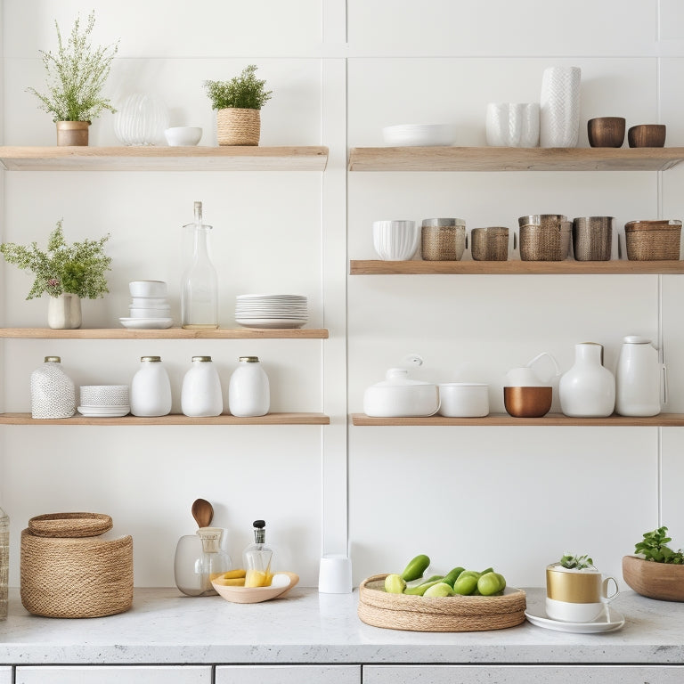 A bright, modern kitchen with white walls, light wood floors, and crisp white cabinets, featuring three rustic wooden floating shelves in various lengths, holding decorative vases and cookbooks.