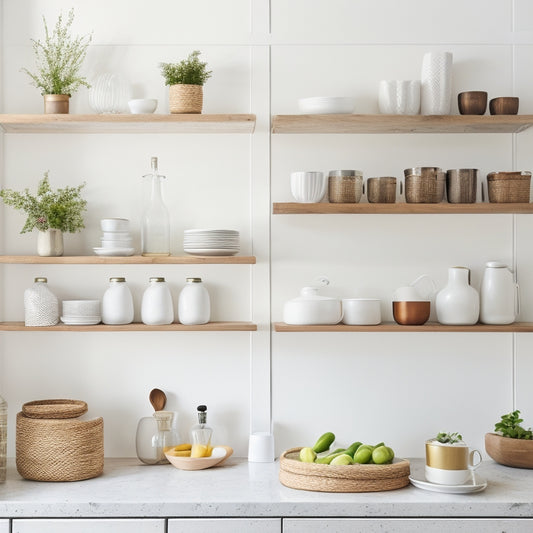 A bright, modern kitchen with white walls, light wood floors, and crisp white cabinets, featuring three rustic wooden floating shelves in various lengths, holding decorative vases and cookbooks.