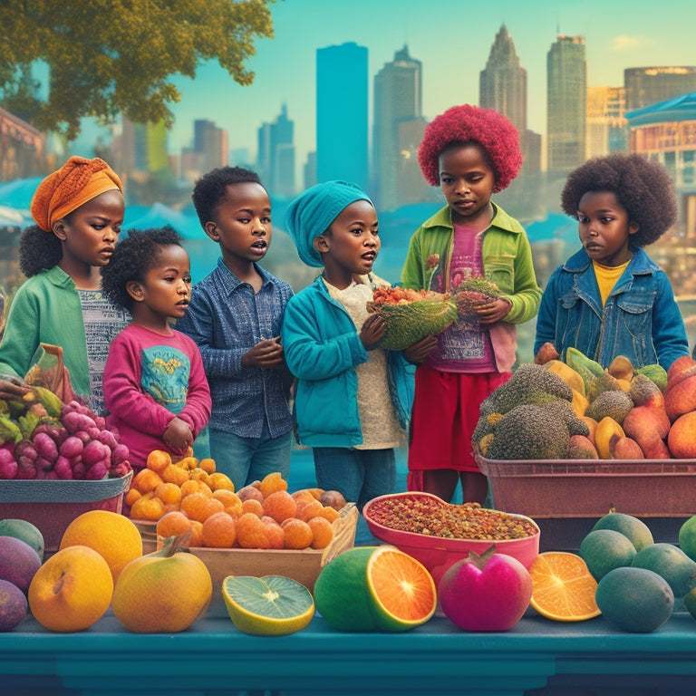 A vibrant, stylized illustration featuring a diverse group of children from different ethnic backgrounds gathered around a colorful, overflowing fruit stand, with a subtle, blurred-out cityscape in the background.