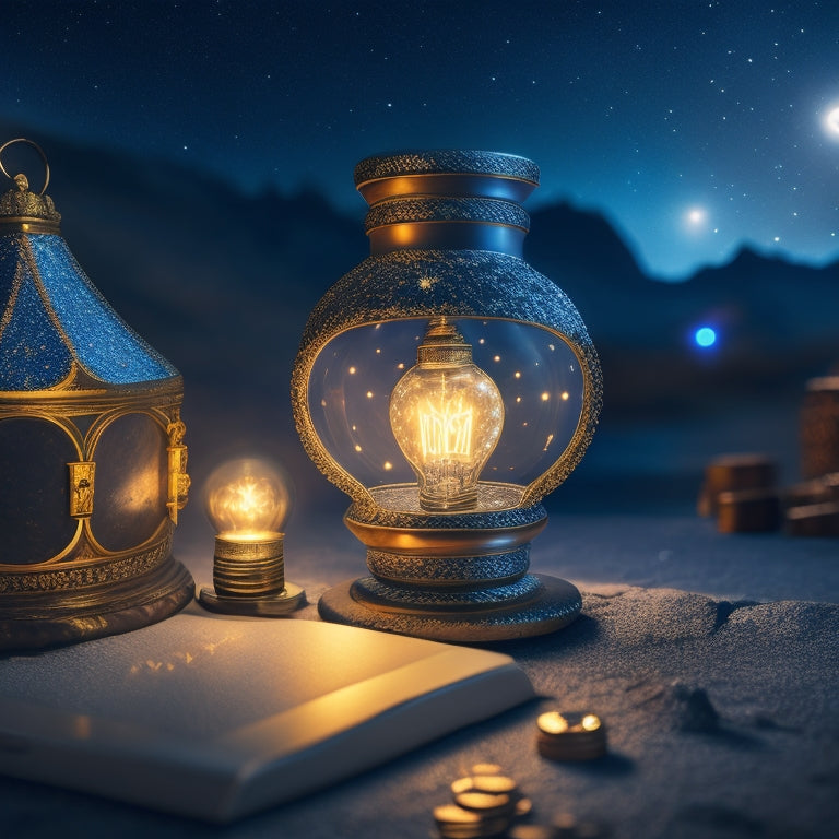 A stylized, glowing lightbulb surrounded by cracked open treasure chests overflowing with shimmering gold coins, laptops, and tablets, set against a dark blue, starry night sky.