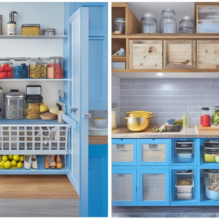 A split-screen image featuring three kitchen drawers with different organization systems: one with adjustable dividers, one with stackable trays, and one with a customizable pegboard and hooks.