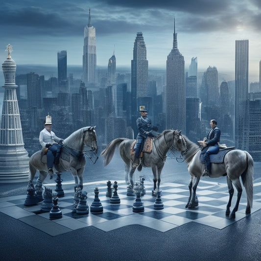 A stylized chessboard with business-themed pieces, including a crown-wearing king, a briefcase-carrying queen, and a suited knight on a horse, set against a subtle cityscape background with skyscrapers and fog.