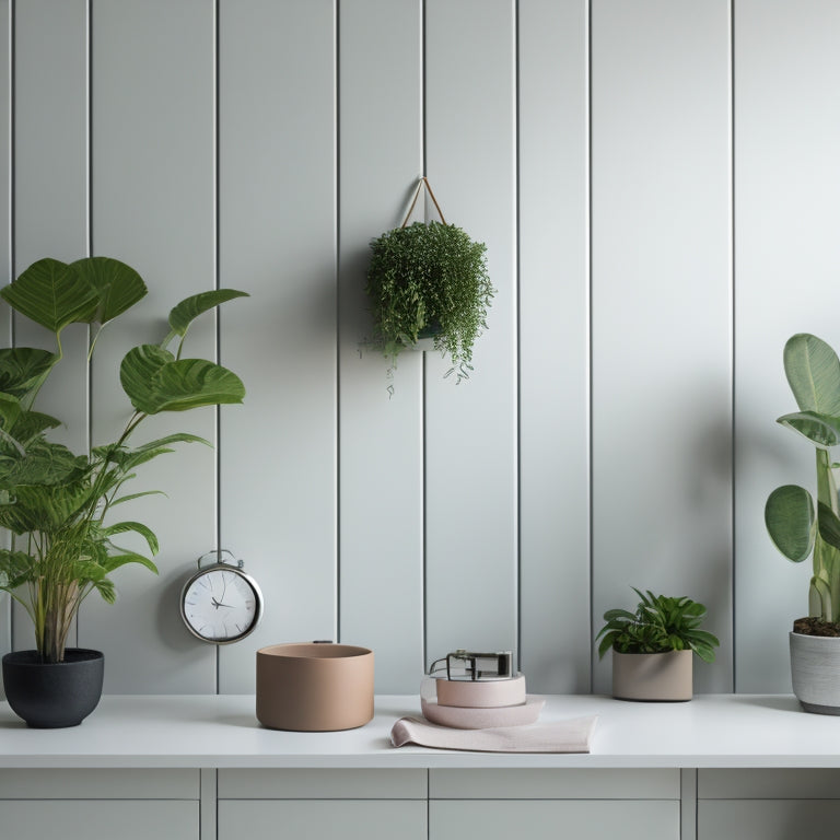 A minimalist illustration of a modern home with a subtle checklist pattern on the walls, surrounded by neatly organized files, a clock, and a small planter with a thriving green plant.