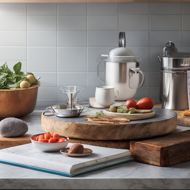 A warm and inviting kitchen scene with a few essential items: a stainless steel stand mixer, a wooden cutting board, a chef's knife, and a few cookbooks on a marble countertop.