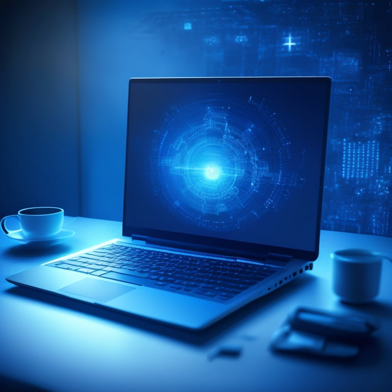 A futuristic, minimalist illustration of a laptop with a glowing screen displaying a sleek, modern website, surrounded by orbiting coding symbols, gears, and sparks, set against a dark blue gradient background.