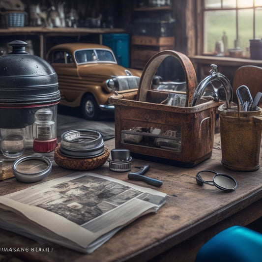 A cluttered garage workbench with scattered car parts, tools, and a vintage car manual in the background, with a magnifying glass and a AAA logo-emblazoned coffee mug in the foreground.