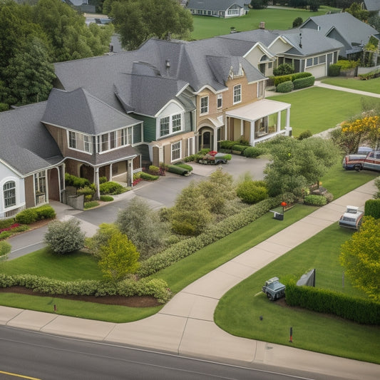 A serene, aerial view of a suburban neighborhood with a mix of two-story homes, each with a unique facade, amidst lush greenery, with a few military moving trucks parked along the streets.