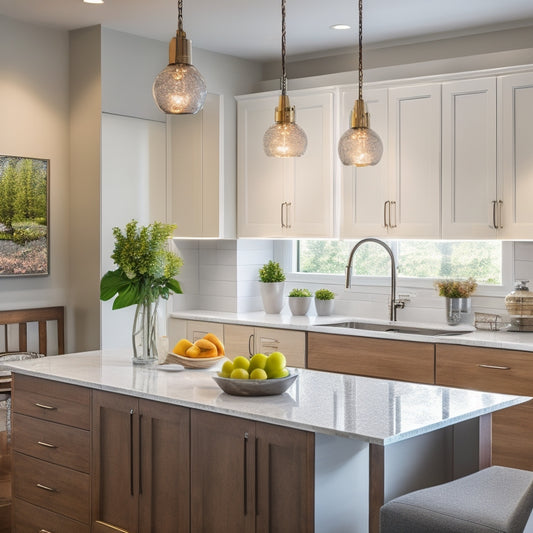 A modern kitchen with a sleek, stainless steel sink installed under a quartz countertop, surrounded by crisp, white cabinets, and a single, pendant light shining down from the ceiling.