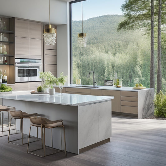 A serene, modern kitchen with a large peninsula island featuring a waterfall quartz countertop, pendant lights, and a built-in wine rack, surrounded by floor-to-ceiling windows and sleek, handleless cabinets.