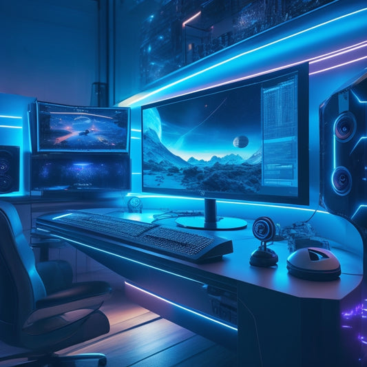 A futuristic, high-tech gaming setup with a sleek console, vibrant monitor, and surround sound speakers, surrounded by swirling digital code and glowing blue circuitry lines.