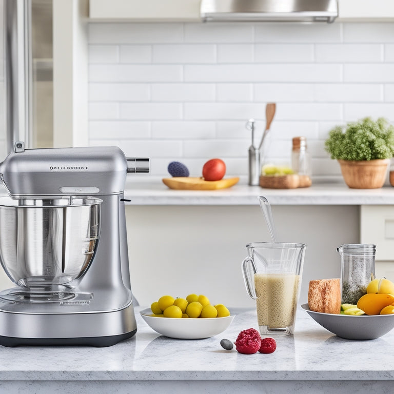 A bright, modern kitchen with a sleek, silver stand mixer, a stainless steel immersion blender, and a digital kitchen scale on a marble countertop, surrounded by fresh ingredients and utensils.