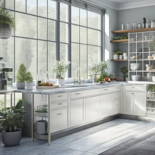 A modern kitchen with polished marble countertops, featuring a sleek 4-tier kitchen trolley with chrome accents, transparent glass shelves, and soft-close drawers, positioned near a large window with lush greenery outside.