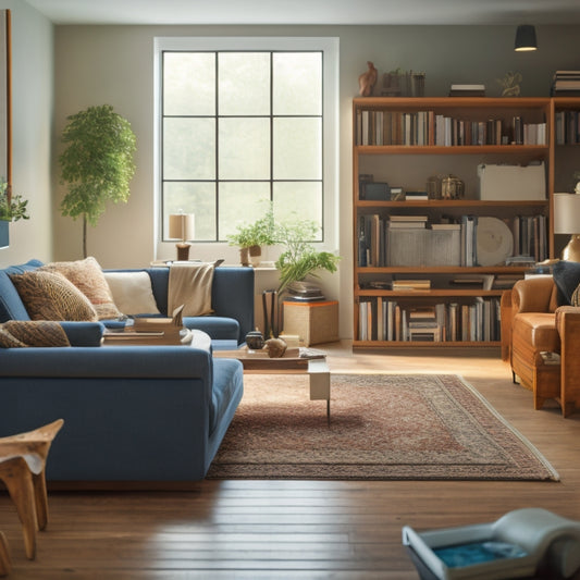 A tidy, modern living room with a few unpacked boxes, a half-assembled bookshelf, and a "zone" of sorted items on the floor, surrounded by a calm, organized atmosphere.