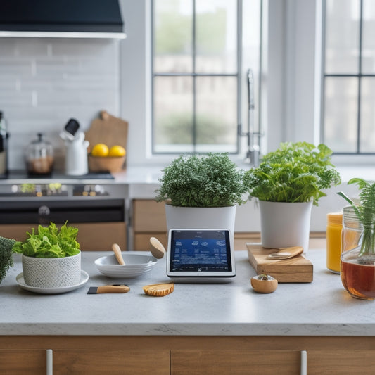 A clutter-free kitchen counter with a sleek tablet displaying a meal planning app, surrounded by a few neatly arranged kitchen gadgets, a small potted herb, and a minimalist kitchen utensil holder.