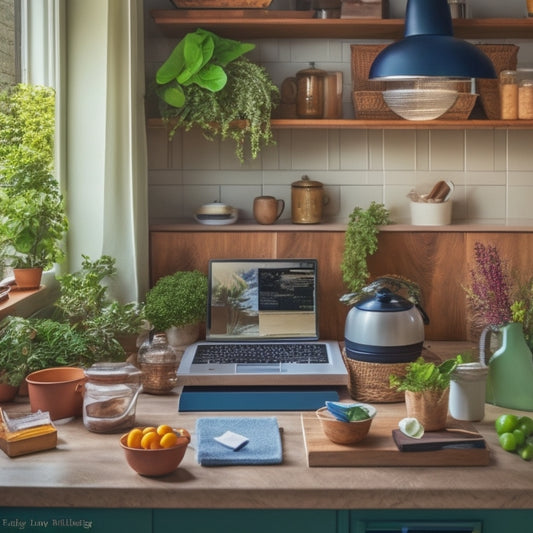 A tidy, well-lit kitchen with a few strategically-placed cleaning supplies, a laptop open to a course website, and a few organized cookbooks on a wooden countertop, surrounded by green plants.