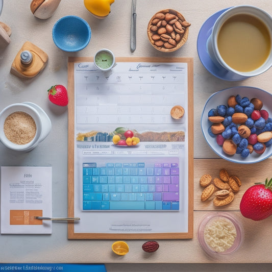 A colorful and organized illustration of a busy mom's kitchen counter, featuring a laptop, a planner, a cup of coffee, and a few healthy snacks, surrounded by subtle background hints of a calendar and clock.