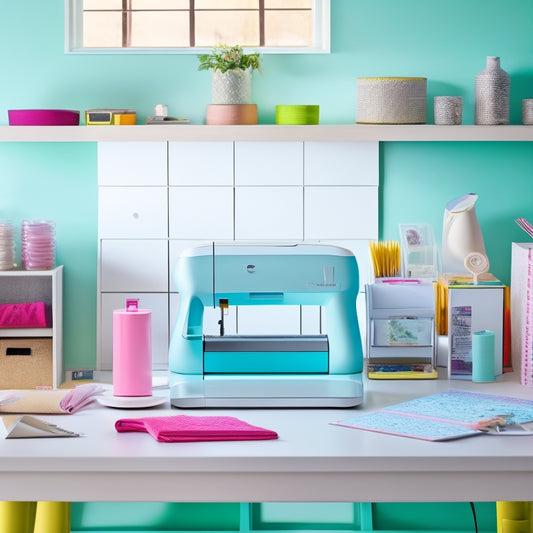 A colorful, clutter-free desk with multiple Cricut machines, crafting tools, and materials, such as paper, vinyl, and fabric, arranged in a visually appealing way, with subtle shadows and soft lighting.