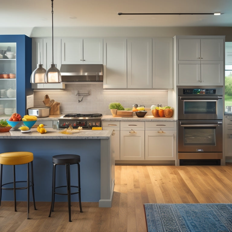 A modern kitchen with a large island, stainless steel appliances, and a wall-mounted TV displaying a cooking tutorial, surrounded by utensils, cookbooks, and a tripod with a camera.