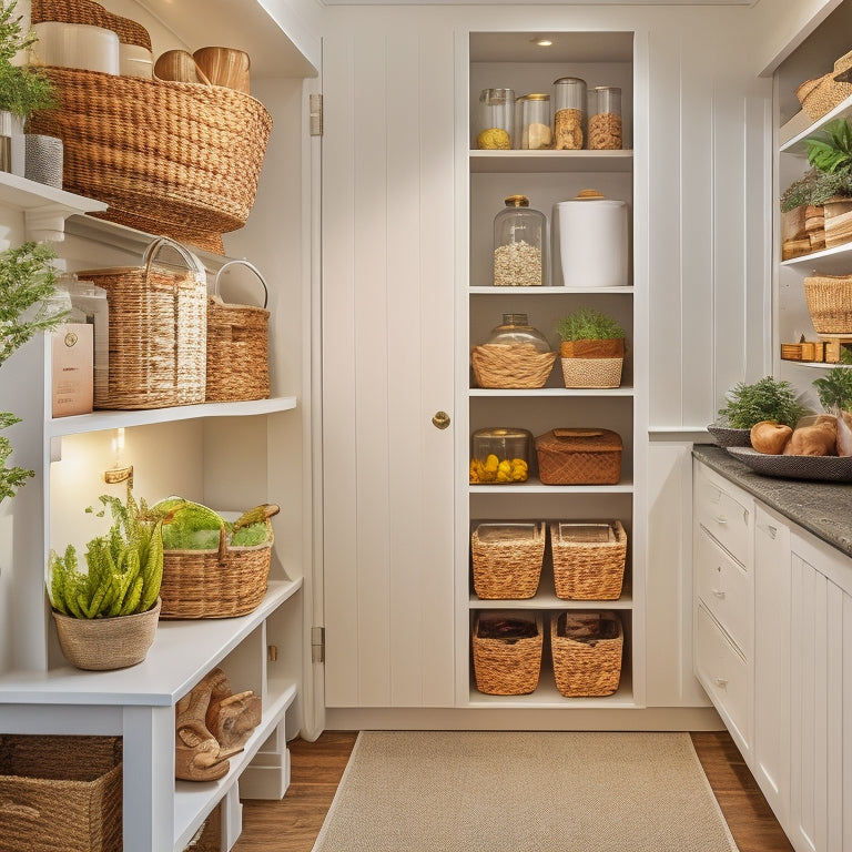 A beautifully organized under-stairs pantry with soft, warm lighting, sleek white shelves, and wooden accents, featuring storage baskets, jars, and a few decorative plants.