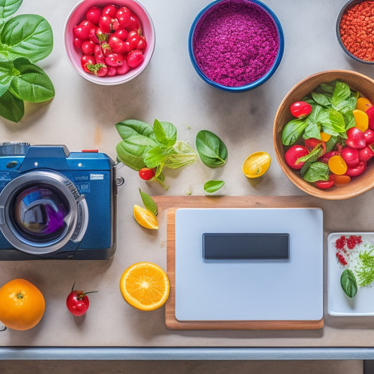 A colorful, modern kitchen background with a laptop open to a meal planning website, surrounded by utensils, a mixing bowl, and a few fresh ingredients like cherry tomatoes and basil leaves.