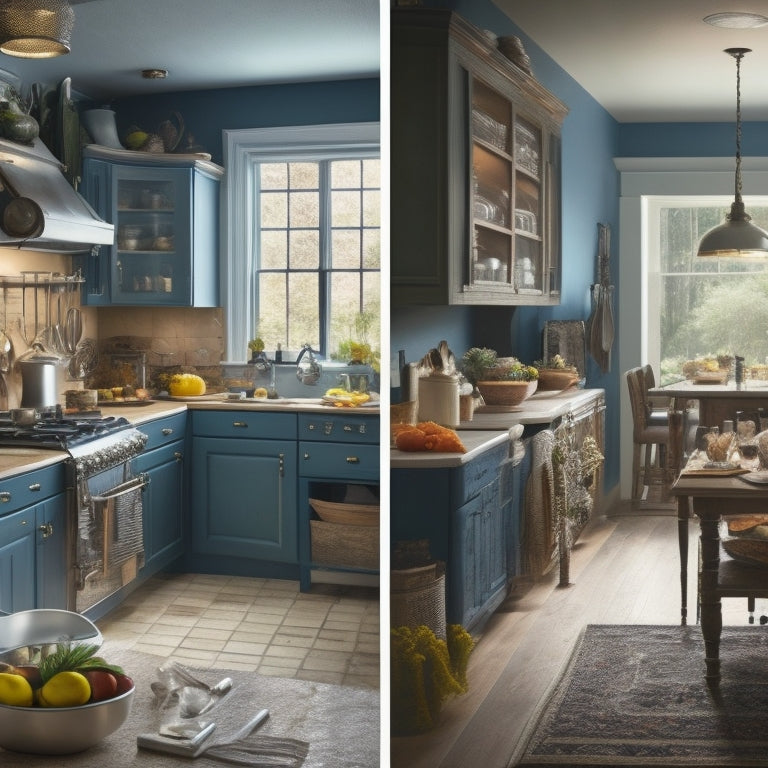 A split-screen image: a cluttered, cramped kitchen on the left, with pots and pans stacked haphazardly, and a spacious, organized kitchen on the right, with ample counter space and a large island.