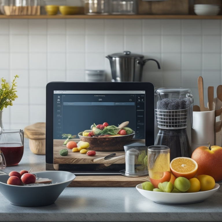 A clutter-free kitchen counter with a tidy stack of cookbooks, a few fresh fruits, and a tablet displaying a kitchen organization app's dashboard, surrounded by a few utensils and a minimalistic background.