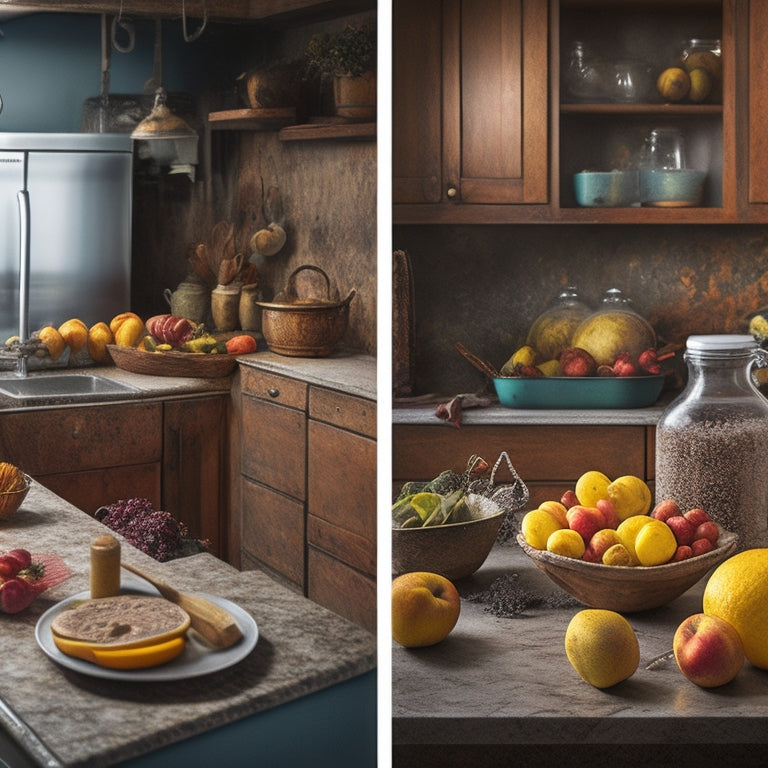 A split-screen image featuring a dirty, expired kitchen counter on one side, with rotten fruits and moldy leftovers, and a clean, organized kitchen counter on the other, with fresh produce and a thermometer.