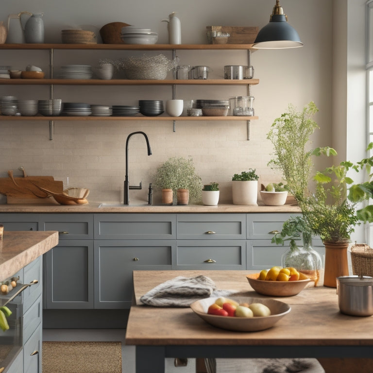 A serene and organized kitchen with a tidy island, a few cookbooks stacked vertically, and a laptop open to a digital e-book, surrounded by minimal, stylish decor and soft, warm lighting.