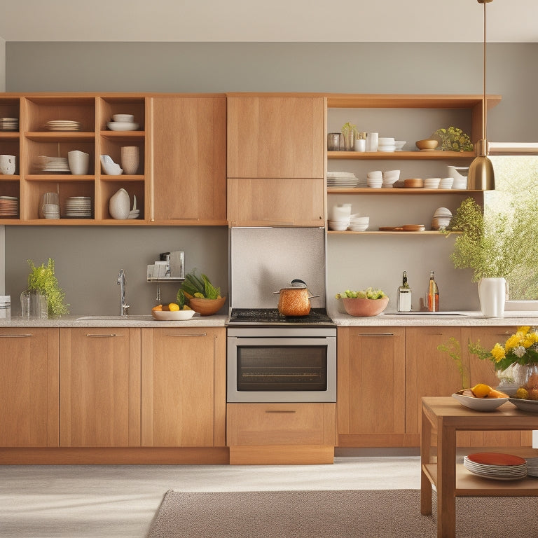 A modern, sleek kitchen with a custom slide-out shelf in a warm wood tone, surrounded by matching cabinetry, with a few cookbooks and a vase of fresh flowers on top.