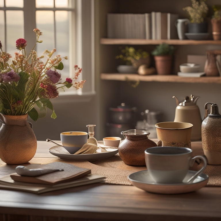 A warm, inviting kitchen scene with a wooden table, vase with fresh flowers, and a few open books and notebooks, surrounded by steaming cups of coffee and a few scattered recipe cards.