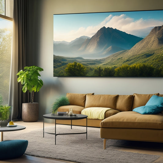 A sleek, modern living room with a large, matte metal print of a misty mountain landscape hanging above a minimalist couch, surrounded by lush green plants and warm, golden lighting.