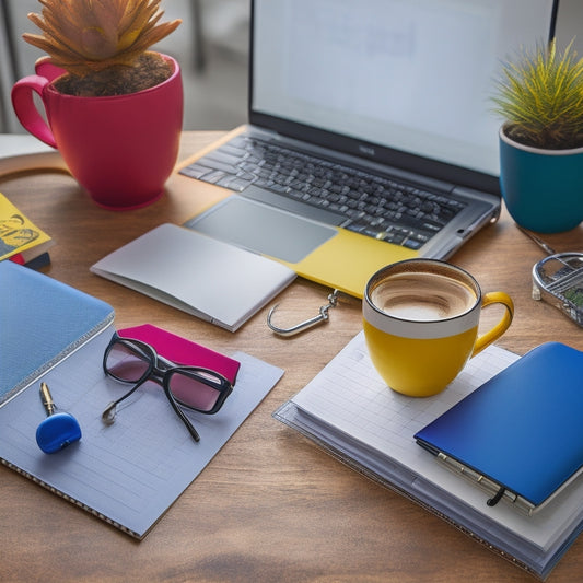 A tidy, modern desk with a laptop, a cup of coffee, and a colorful, spiral-bound notebook with a pen lying across it, surrounded by neatly labeled file folders and a small, organized keychain.