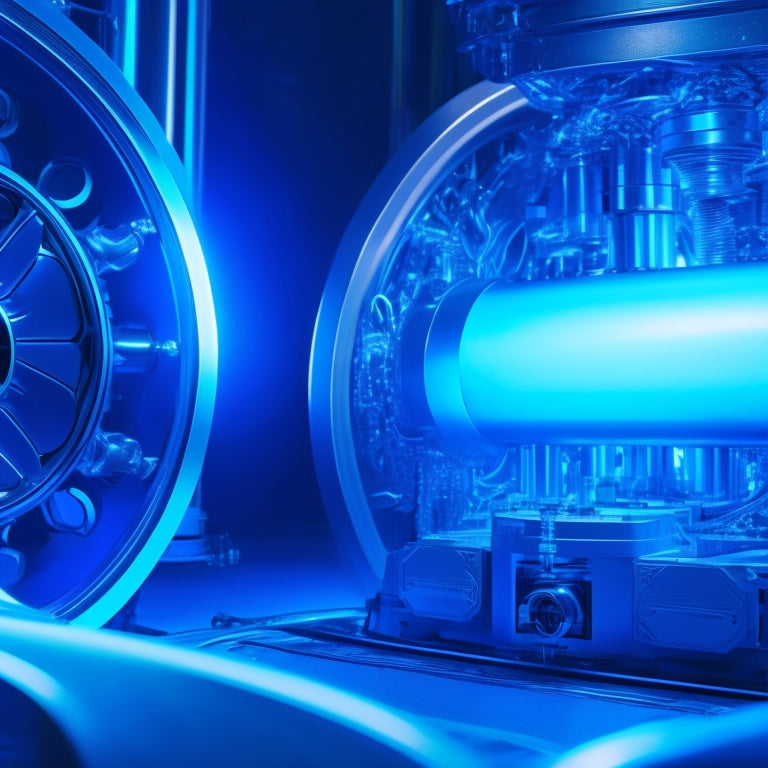 A futuristic, metallic background with a large, sleek, silver drilling machine centered, surrounded by swirling blue lines and sparks, with a subtle, gradient glow emanating from the machine's core.