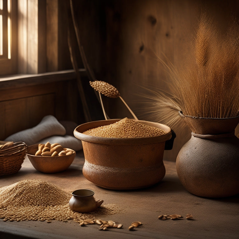 A warm, golden-lit scene featuring a rustic wooden table with a manual grain mill, a woven basket overflowing with various grains, and a few freshly milled flour piles with scattered wheat berries.