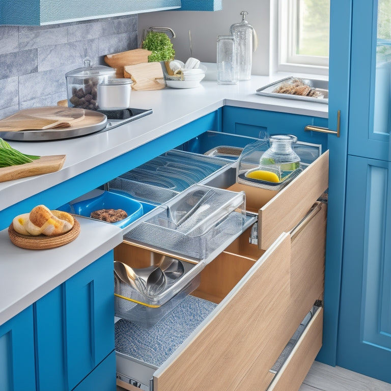 A bright, modern kitchen with a drawer open, showcasing a custom organizer system with dividers, utensil holders, and a soft-close mechanism, surrounded by sleek countertops and cabinetry.