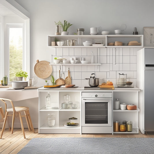 A compact, modern kitchen with a sleek, white countertop, a wall-mounted foldable table, a stainless steel microwave, and a three-tiered shelf filled with neatly arranged cookbooks and utensils.