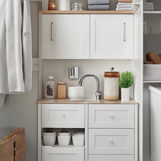 A tidy, white under-sink cabinet with a slide-out drawer, adjustable shelves, and a hanging organizer system, showcasing various storage containers, baskets, and hooks, with a subtle grey background.