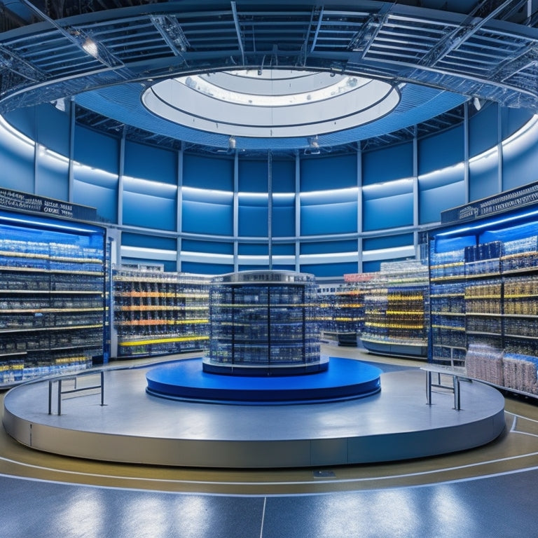 A futuristic, sleek, and modern Sams Club warehouse with rows of shelves, featuring a large, circular, high-tech scanner at the center, surrounded by gleaming metallic surfaces and LED lights.