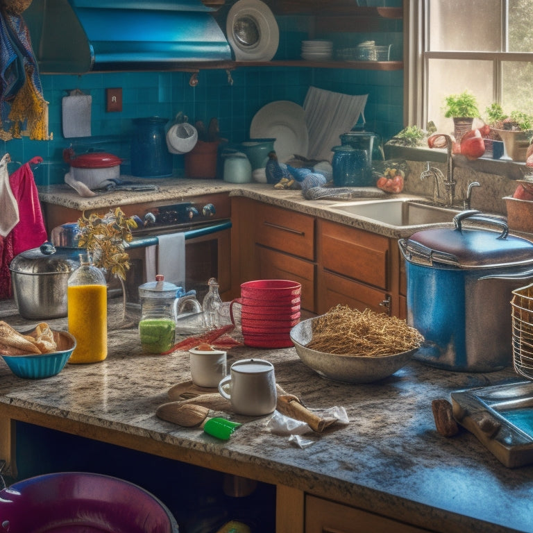 A cluttered kitchen countertop with piles of dirty dishes, expired food, and dusty appliances, surrounded by tangled cords and crumpled papers, with a faint reflection of a frazzled person in the background.