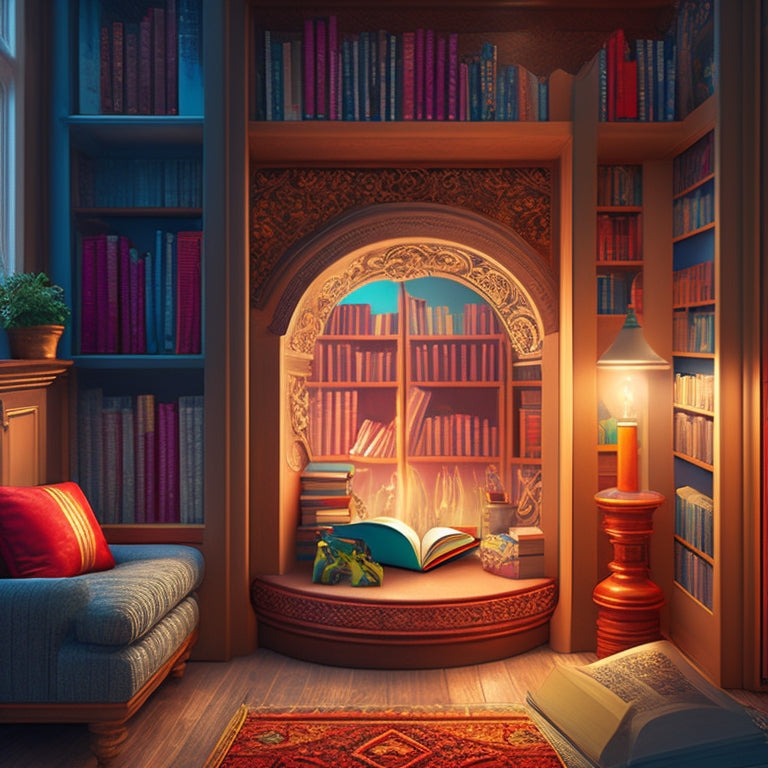 A whimsical illustration of a cozy reading nook surrounded by towering bookshelves, with a warm glow emanating from a NOOK e-reader held by a relaxed reader's hand.