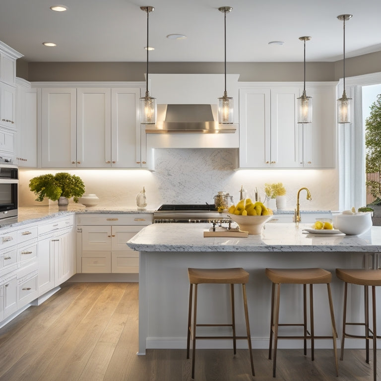 A modern kitchen with sleek, white cabinets, quartz countertops, and a large island in the center, surrounded by a mix of pendant and recessed lighting, set against a warm, neutral-colored background.