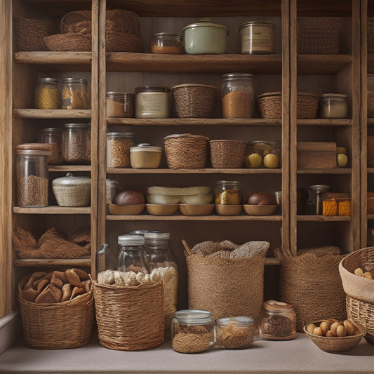 A warm and inviting pantry shelf filled with an assortment of dry goods, including jars of pasta, baskets of bread, and stacks of canned goods in a rustic, earthy tone.