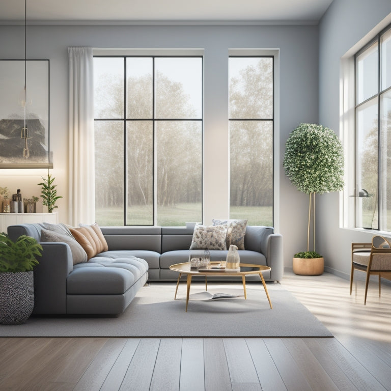 A 3D illustration of a modern, minimalist living room with a large window, sleek furniture, and a subtle color palette, showcasing a seamlessly integrated floor plan.