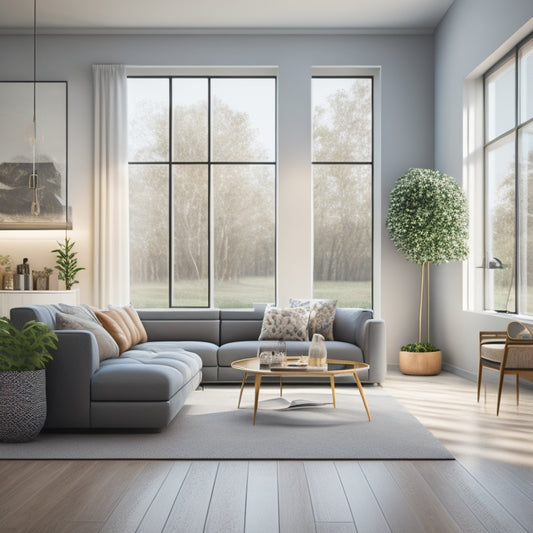 A 3D illustration of a modern, minimalist living room with a large window, sleek furniture, and a subtle color palette, showcasing a seamlessly integrated floor plan.