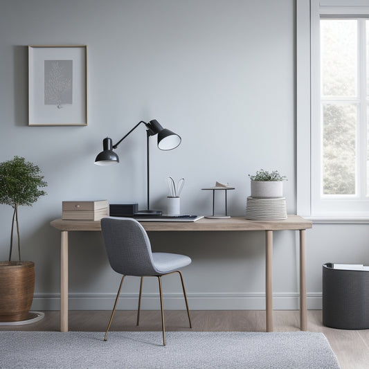 A serene, minimalist workspace with a tidy desk, a few stylish storage bins, and a single, elegant chair, set against a calming, light-gray background with a subtle texture.