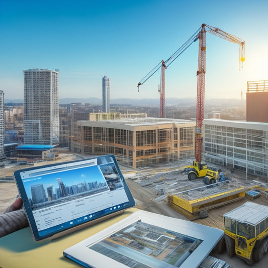 A modern construction site with a tablet and a 3D building model in the foreground, surrounded by organized folders, blueprints, and a cityscape in the background, symbolizing efficiency and accuracy.