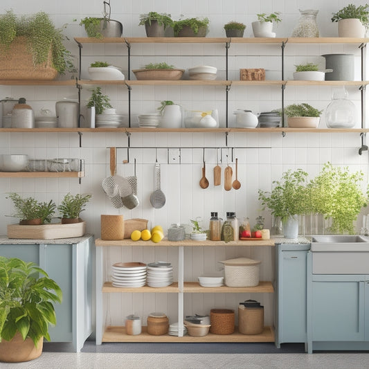 A bright, modern kitchen with a tidy island, a pegboard with hung utensils, and a set of stackable, labeled containers on open shelves, surrounded by a few strategically placed plants.