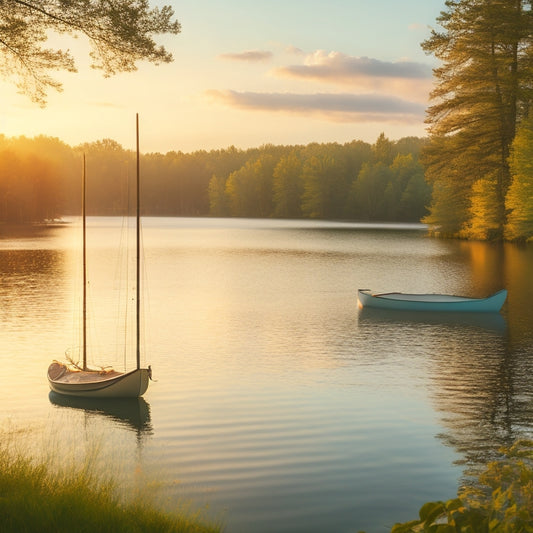 A serene lake scene at sunset with a few sailboats and canoes in the distance, surrounded by lush green trees and a subtle brand logo embossed on a sail or canoe.